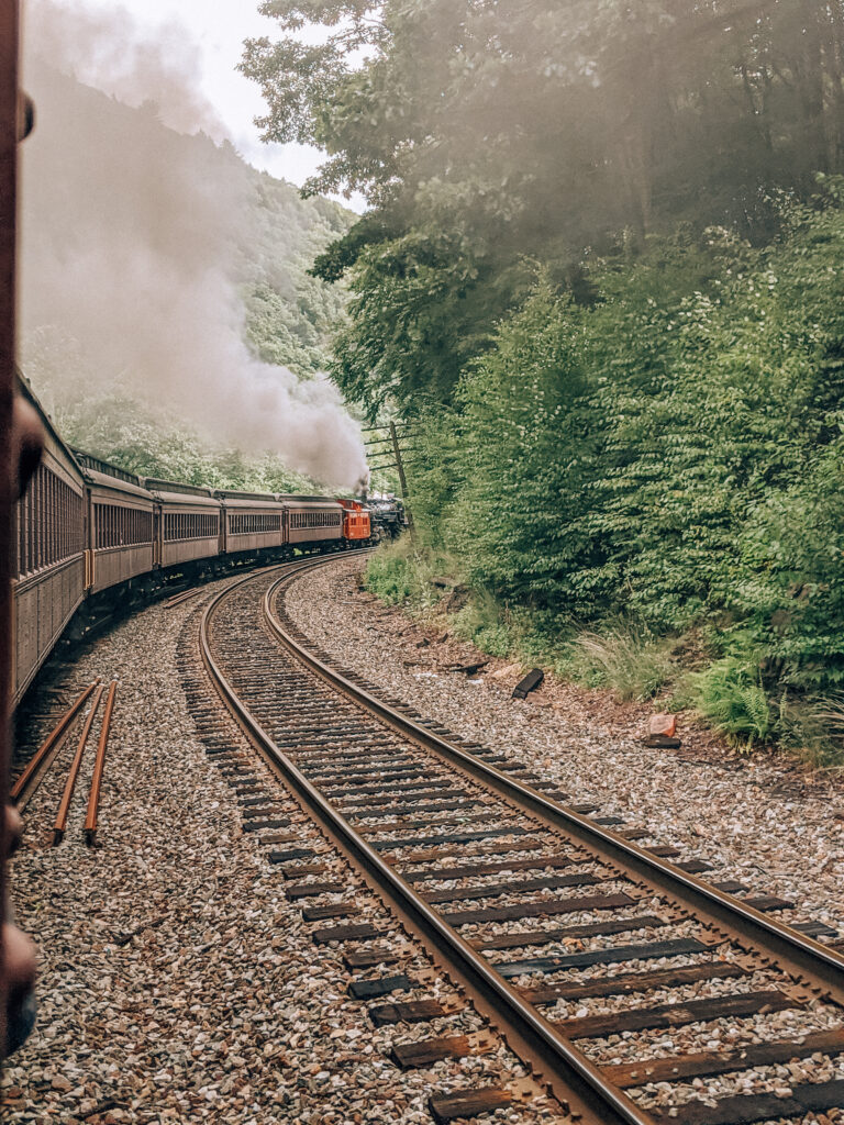 Lehigh Gorge Scenic Railway steam engine train on train tracks with trees and mountains surrounding