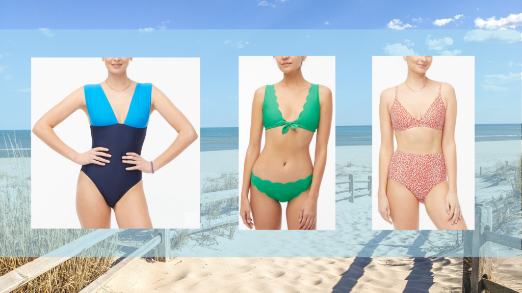 LBI Region beach in the background. The foreground has three photos of swimsuits from J. Crew Factory. The first is a color-blocked one-piece swimsuit with a medium blue top over the shoulders and a navy blue lower half. The second is a green scalloped bikini with a small tie on the top. The third is a red bikini with a small white floral pattern throughout.