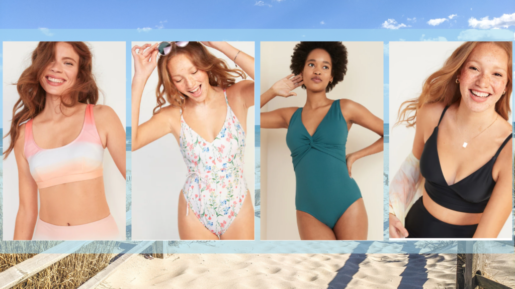 LBI Region beach in the background. The foreground has four photos of swimsuits and coverups from Old Navy. The first is a dip-dye bikini fading from pink to white to orange. The second is a white one-piece swimsuit with pink, blue, and green floral pattern throughout and a small tie at the waist. The third is a teal one-piece with a twist at the chest. The fourth is a black bikini with a high waist bottom and long line top.