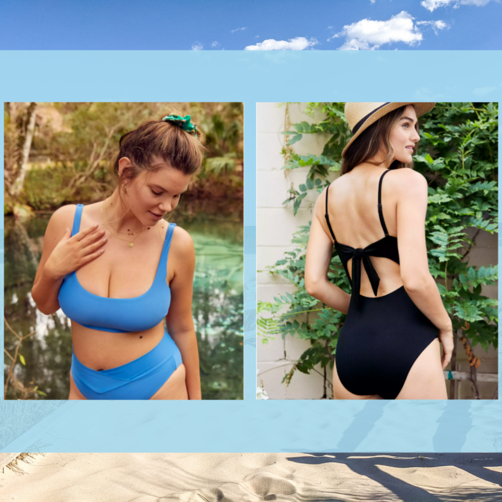 LBI Region beach in the background. The foreground has two photos of swimsuits from Aerie. The first is a black one-piece swimsuit with a tie on the mid-back, and below it a keyhole cutout. The second is a solid blue bikini, with high-rise bottoms.