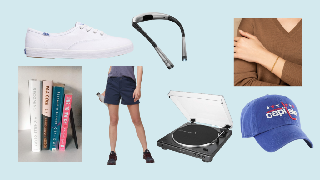 Collage of images representing items on my 25th birthday wishlist including: White Keds Champion, LED Reading Light, Double Curb Chain Bracelet, Books, Patagonia Quandary 5" Short, AT Wireless Turntable, and Washington Capitals Hat 