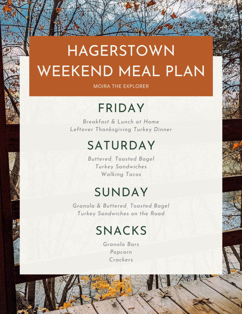 Four-day meal plan for travelers who road trip and spend a weekend in Hagerstown, MD.